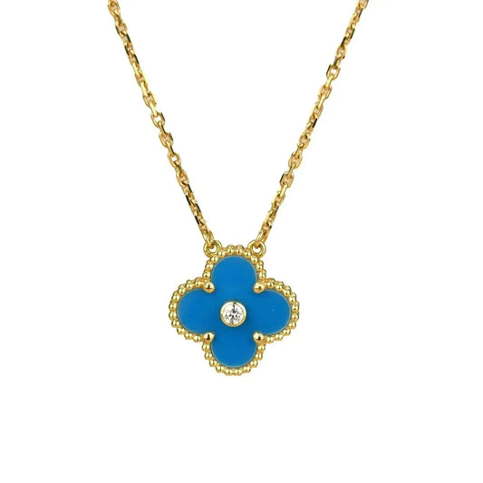 [AuraEcho]CLOVER 15MM DIAMOND AND BLUE AGATE NECKLACE
