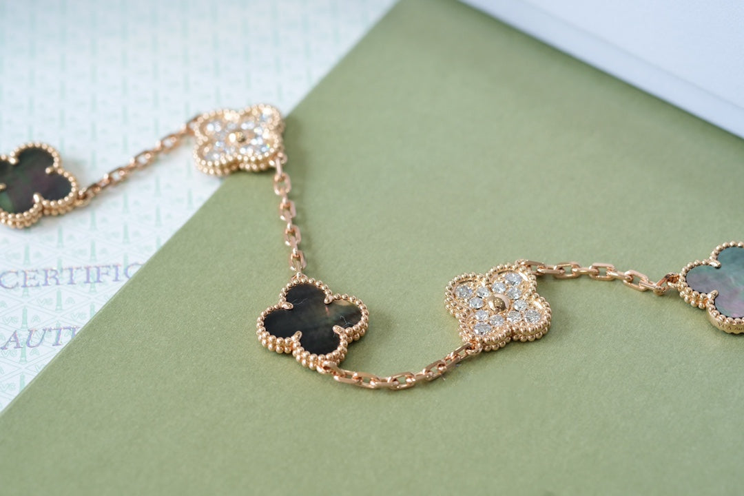 [AuraEcho]CLOVER 5 MOTIFS DARK MOP AND DIAMONDS PINK GOLD BRACELET